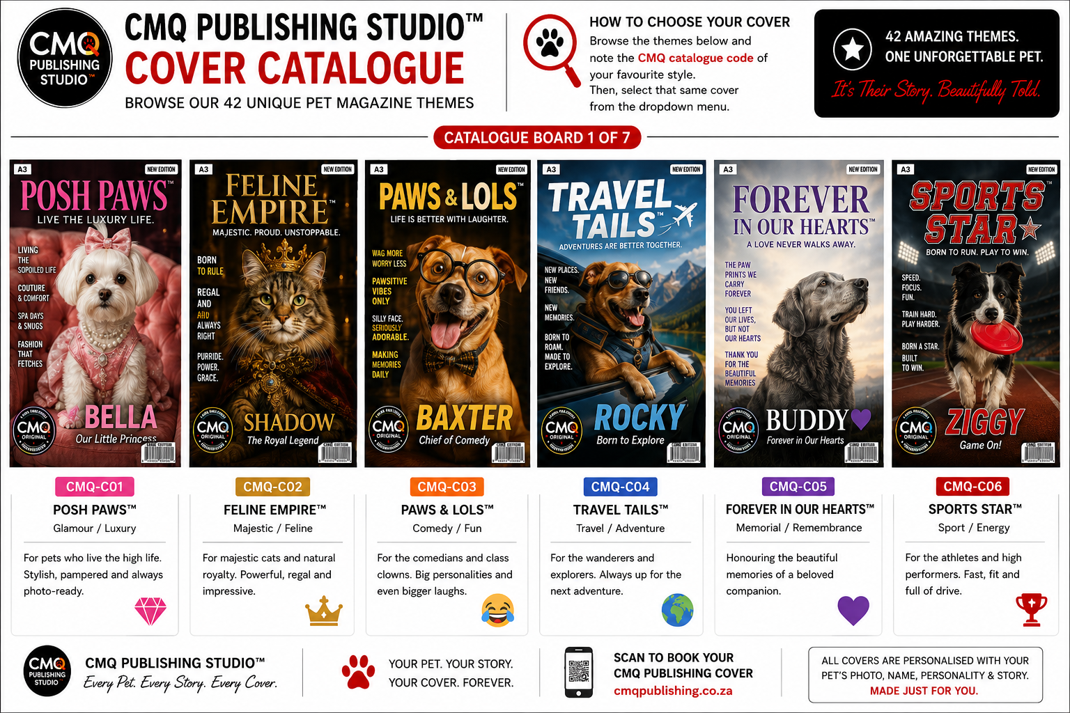 CMQ Publishing catalogue Board 1 showing cover themes CMQ-C01 to CMQ-C06: Posh Paws, Feline Empire, Paws and LOLS, Travel Tails, Forever in Our Hearts, and Sports Star