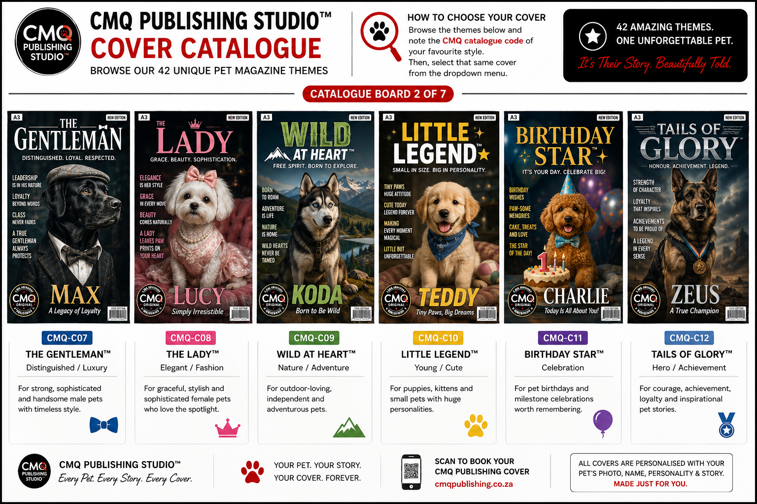 CMQ Publishing catalogue Board 2 showing cover themes CMQ-C07 to CMQ-C12