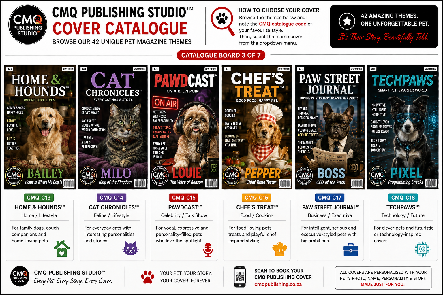 CMQ Publishing catalogue Board 3 showing cover themes CMQ-C13 to CMQ-C18