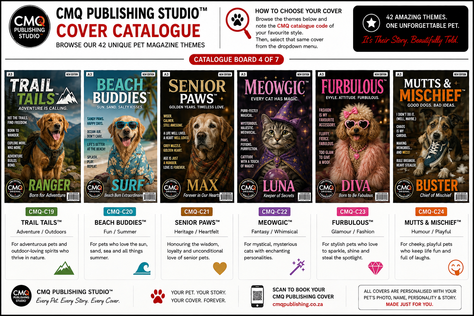 CMQ Publishing catalogue Board 4 showing cover themes CMQ-C19 to CMQ-C24
