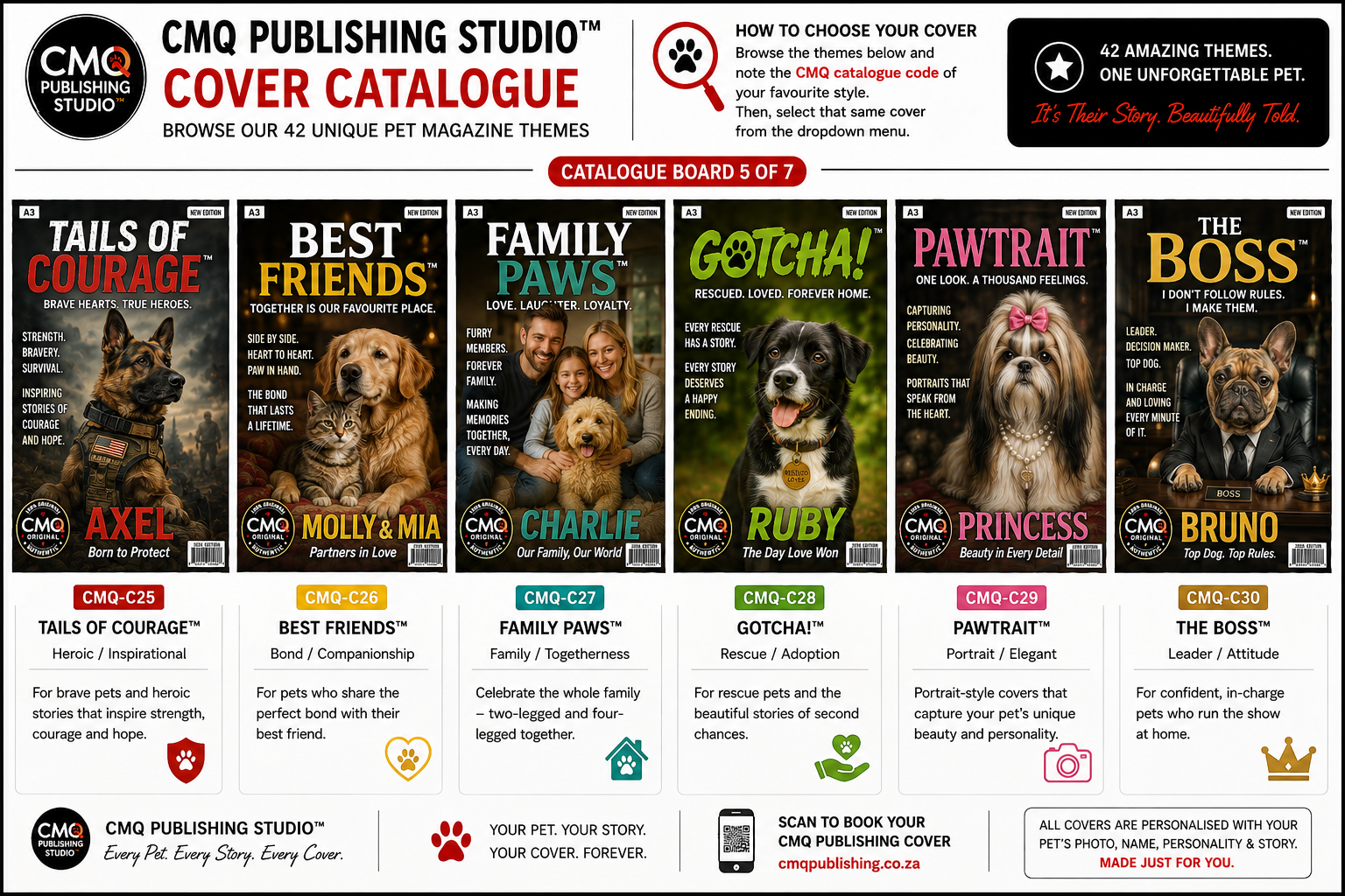 CMQ Publishing catalogue Board 5 showing cover themes CMQ-C25 to CMQ-C30