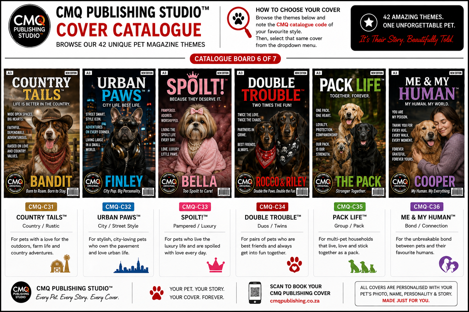 CMQ Publishing catalogue Board 6 showing cover themes CMQ-C31 to CMQ-C36