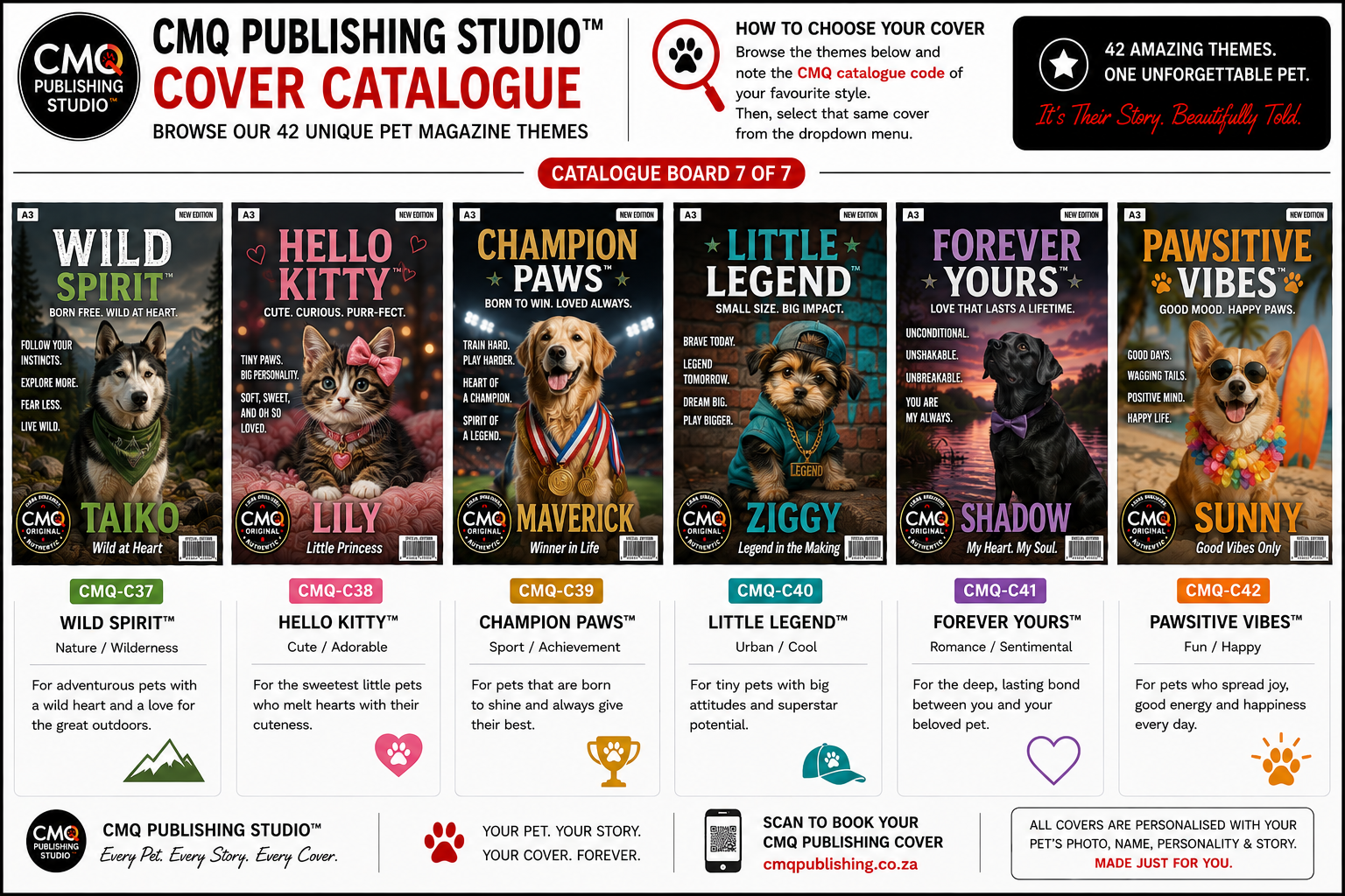 CMQ Publishing catalogue Board 7 showing cover themes CMQ-C37 to CMQ-C42