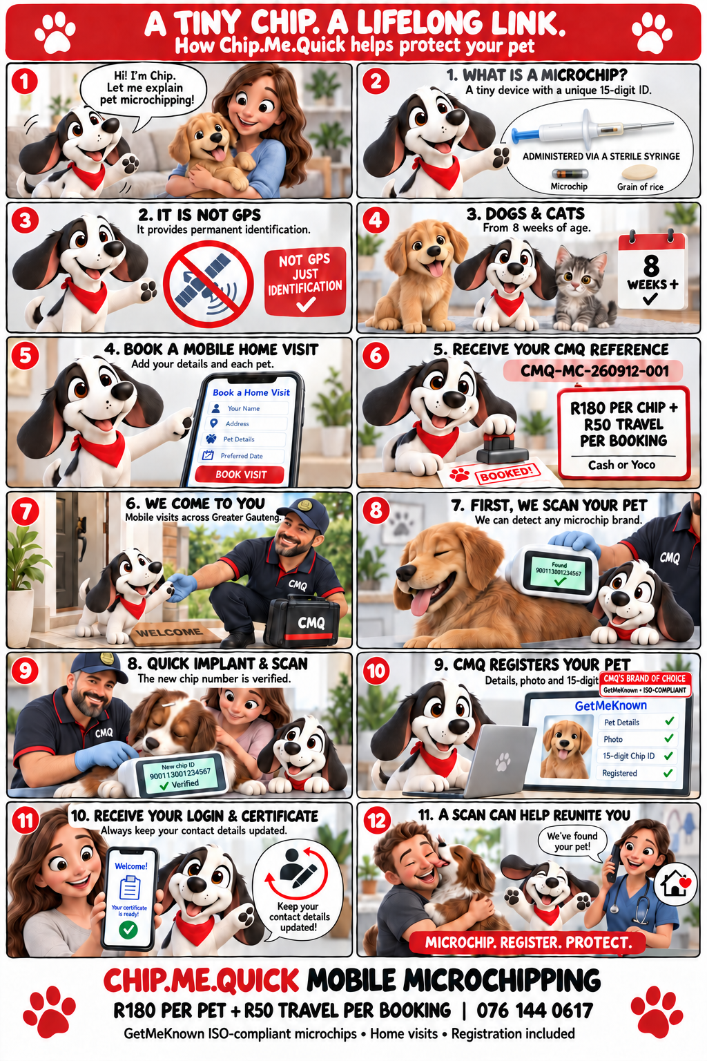 CMQ mobile microchipping customer guide explaining what a microchip is, booking, scanning, implantation, GetMeKnown registration, login, certificate and reunification