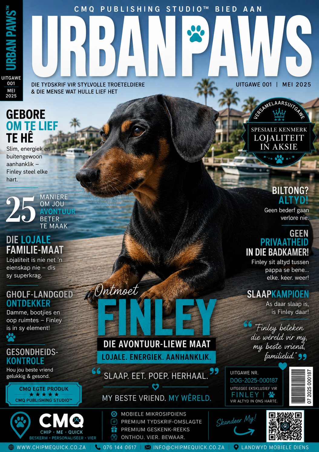 Finished personalised CMQ Publishing Urban Paws magazine cover featuring Finley in Afrikaans